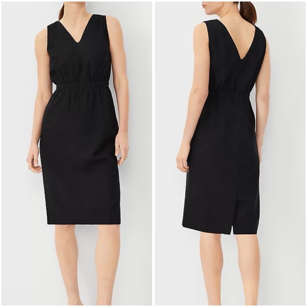 Ann Taylor Size 10 Black Double V Sheath Dress Sleeveless Linen Blend NWT $149